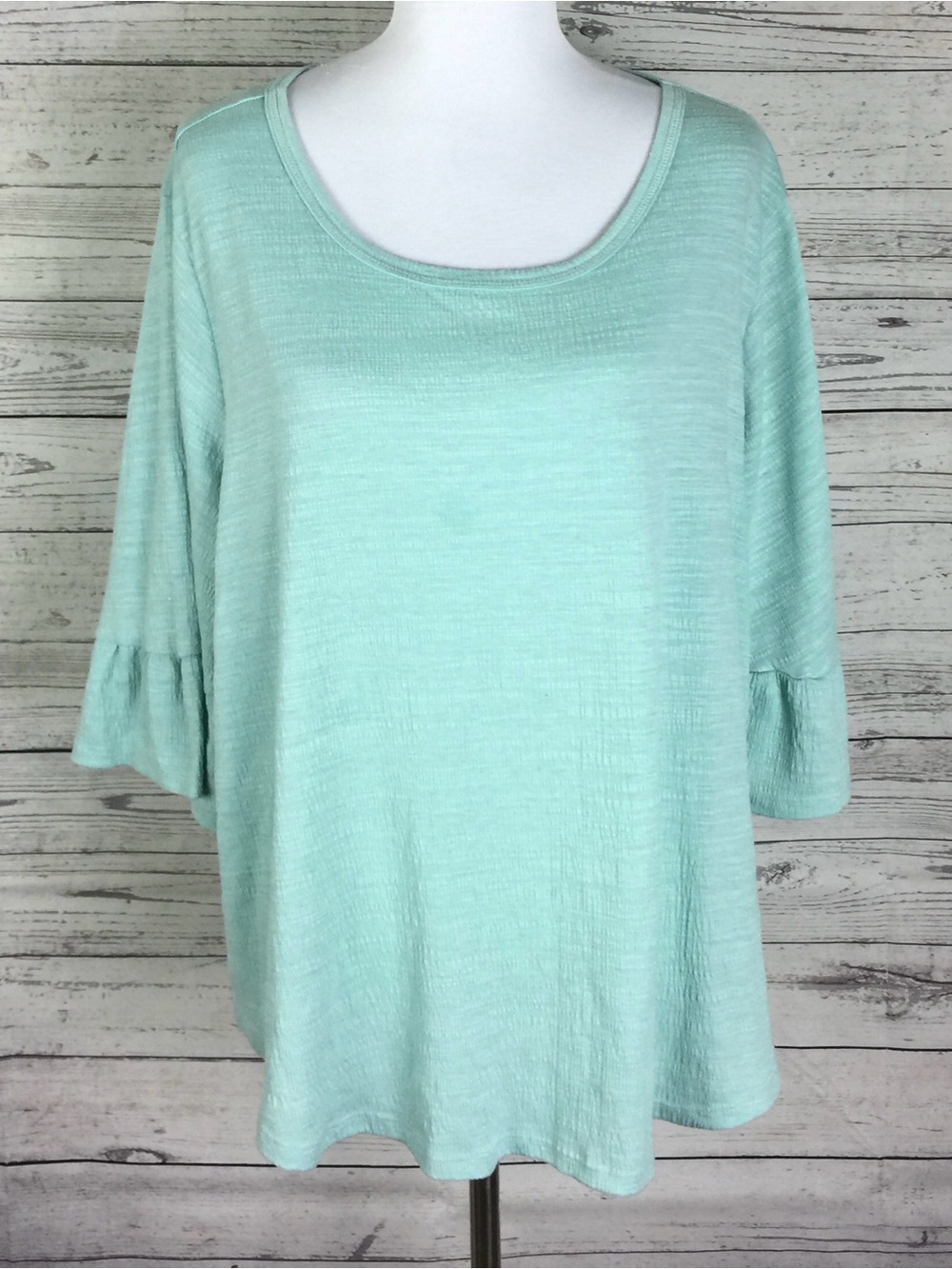 New Directions Curvy Knit Top Woman Plus Size 3X Green 3/4 Bell Sleeve Stretch